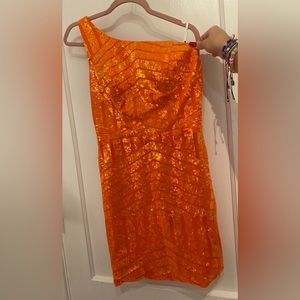 One shoulder mini sequin orange dress size 10